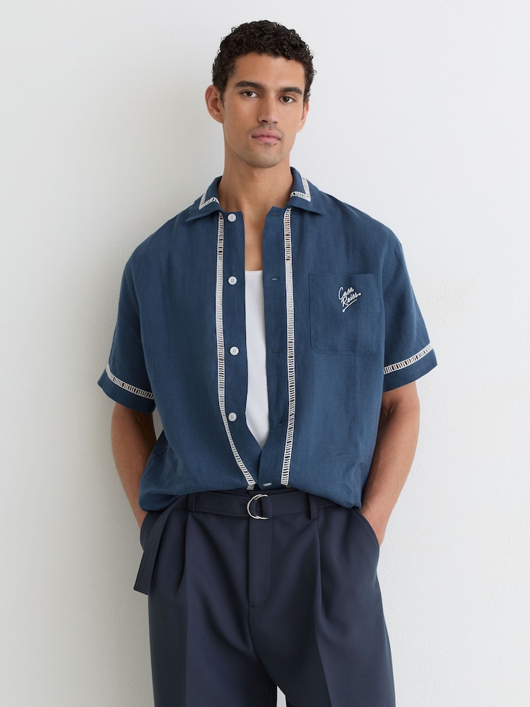 Reiss Blue Yamal Linen Embroidered Cuban-Collar Shirt - Image 1 of 6