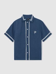 Reiss Blue Yamal Linen Embroidered Cuban-Collar Shirt - Image 2 of 6