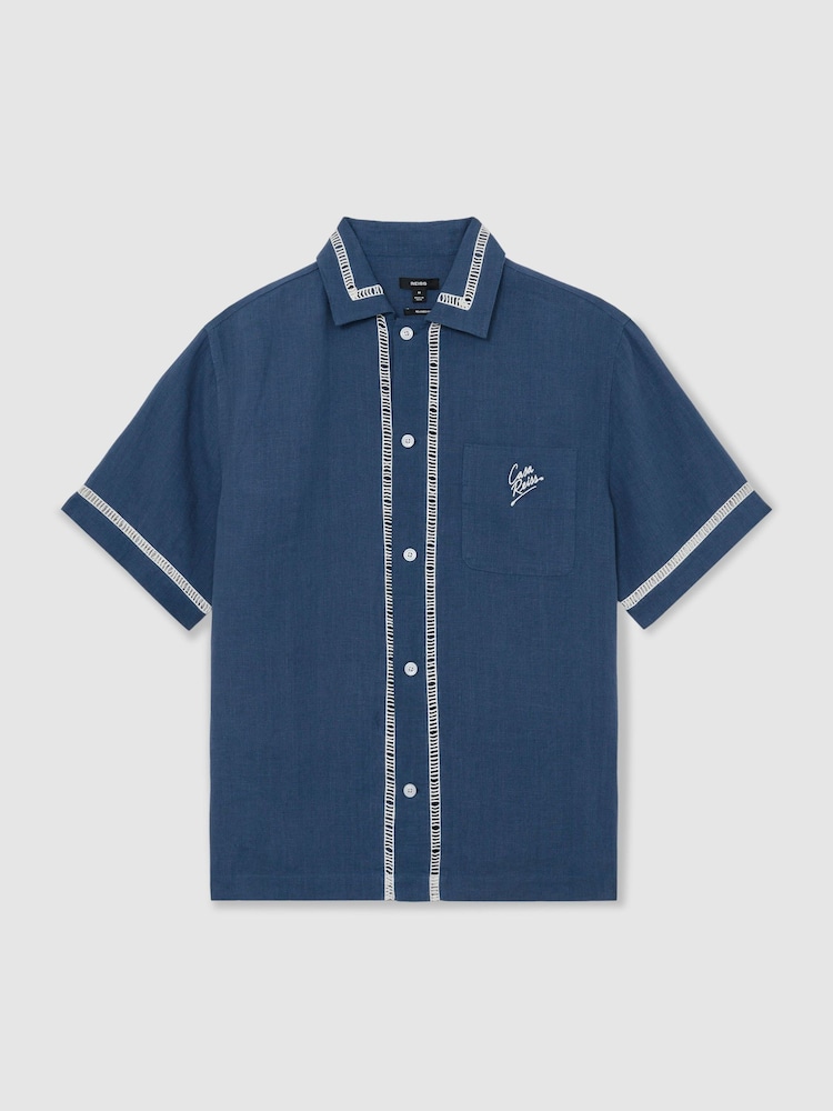 Reiss Blue Yamal Linen Embroidered Cuban-Collar Shirt - Image 2 of 6