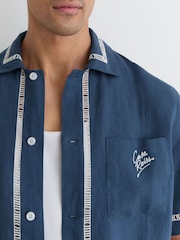Reiss Blue Yamal Linen Embroidered Cuban-Collar Shirt - Image 3 of 6