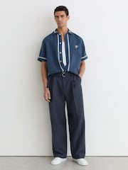 Reiss Blue Yamal Linen Embroidered Cuban-Collar Shirt - Image 4 of 6