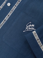Reiss Blue Yamal Linen Embroidered Cuban-Collar Shirt - Image 6 of 6
