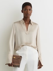 Reiss Neutral Marina Silk Open-Collar Blouse - Image 1 of 7