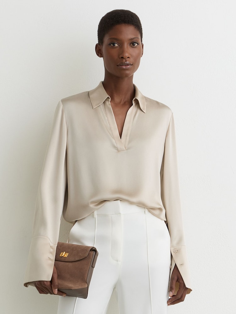 Reiss Neutral Marina Silk Open-Collar Blouse - Image 1 of 7