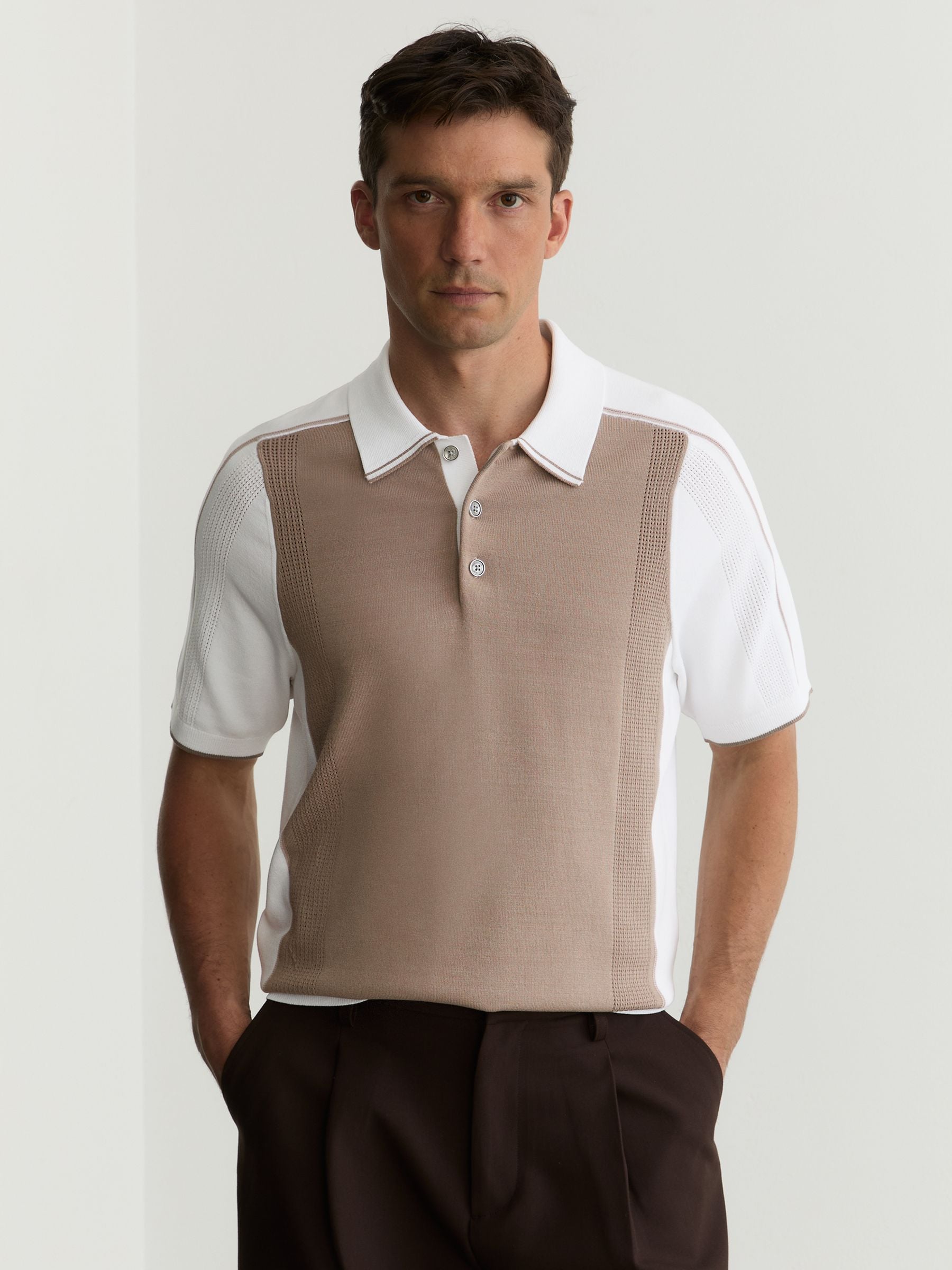 Buy Reiss Camel/White Claremont Colour-Block Knitted Polo Shirt
