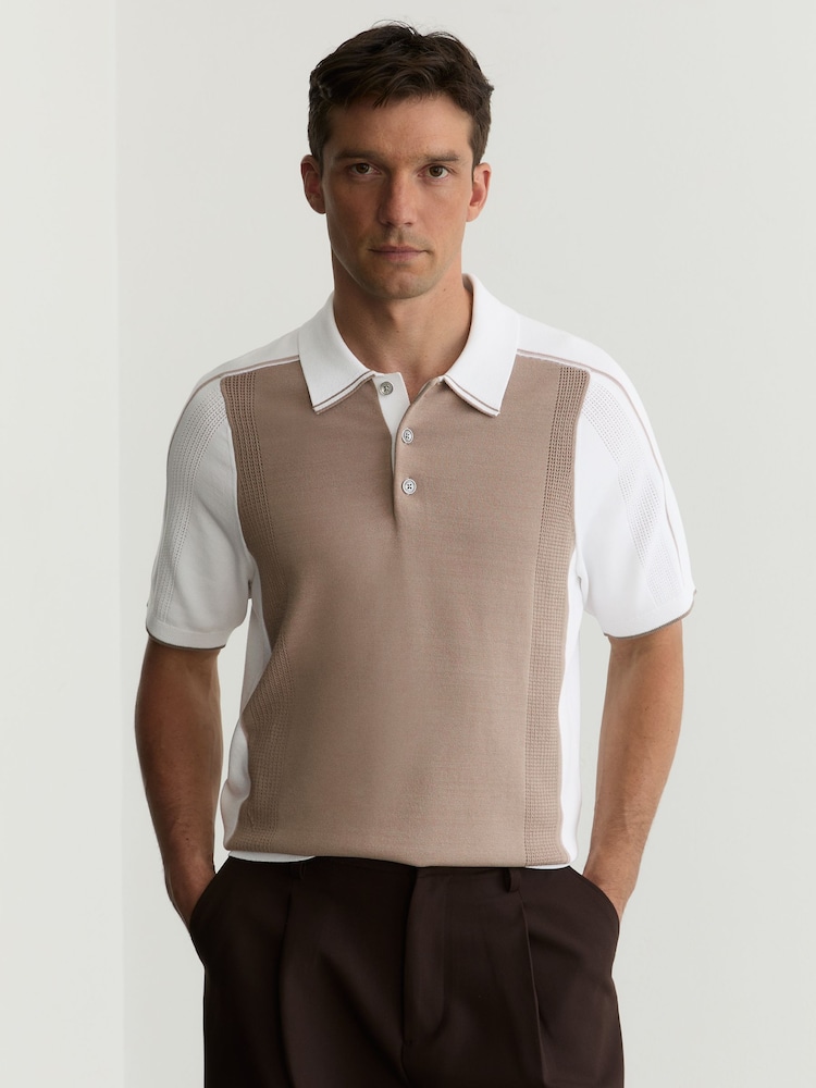 Reiss Camel/White Claremont Colour-Block Knitted Polo Shirt - Image 1 of 5