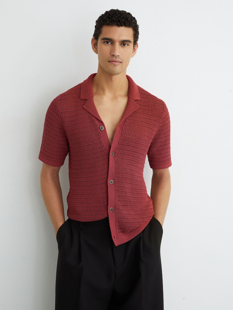 Reiss Rust Red Buzzard Open-Knit Button-Through Shirt - Image 1 of 5
