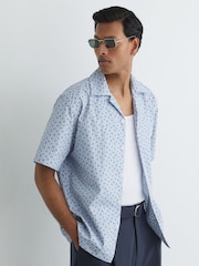 Reiss Soft Blue Sisqo Cotton Medallion-Print Cuban-Collar Shirt - Image 1 of 7