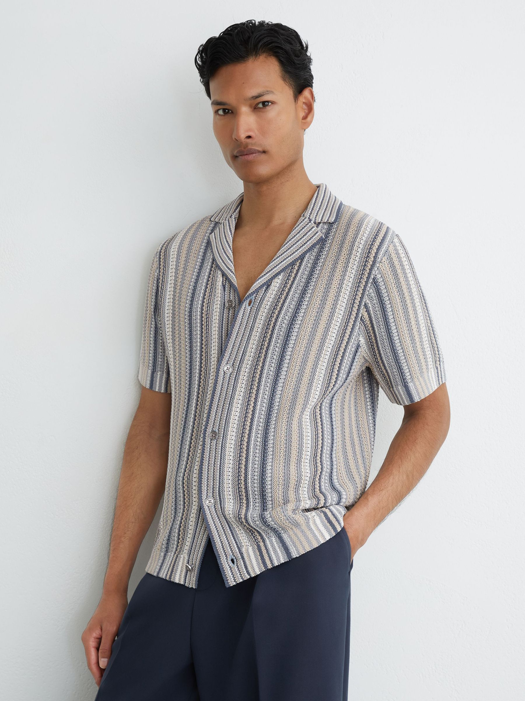 Buy Reiss Blue/Camel Caden Textured-Knit Stripe Cuban-Collar Shirt