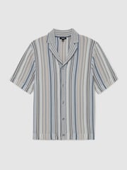 Reiss Blue/Camel Caden Textured-Knit Stripe Cuban-Collar Shirt - Image 2 of 6
