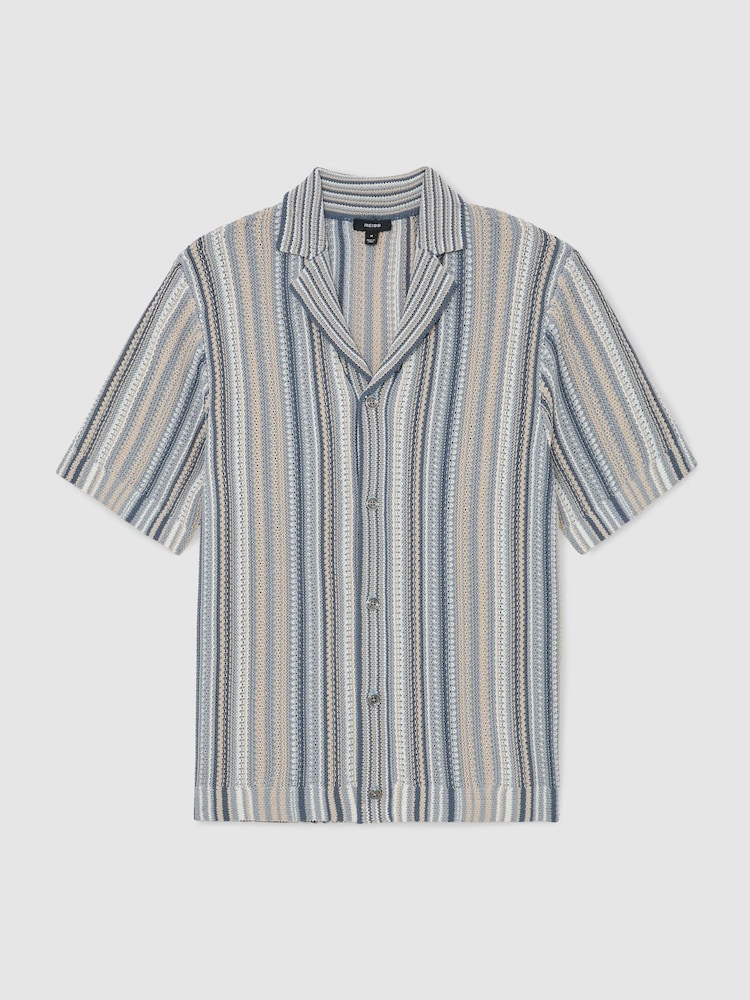 Reiss Blue/Camel Caden Textured-Knit Stripe Cuban-Collar Shirt - Image 2 of 6