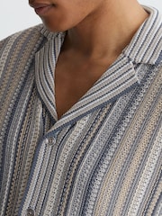 Reiss Blue/Camel Caden Textured-Knit Stripe Cuban-Collar Shirt - Image 3 of 6