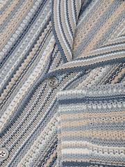 Reiss Blue/Camel Caden Textured-Knit Stripe Cuban-Collar Shirt - Image 6 of 6