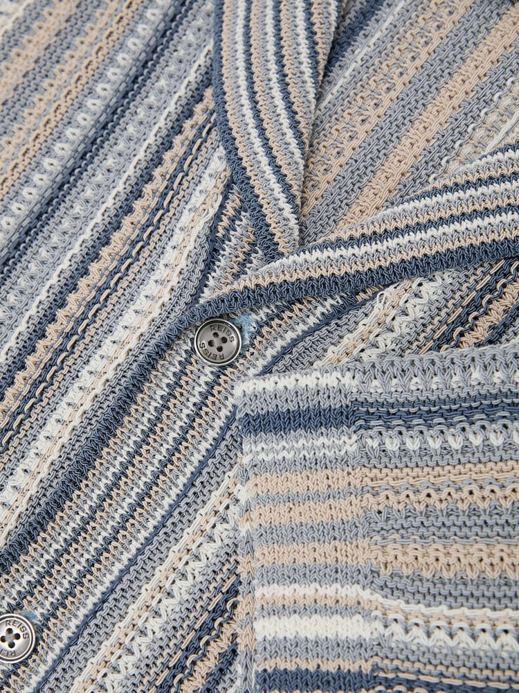 Reiss Blue/Camel Caden Textured-Knit Stripe Cuban-Collar Shirt - Image 6 of 6