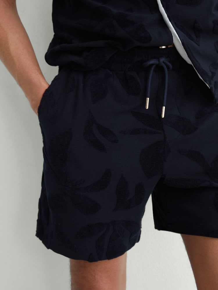 Reiss Navy Voss Towelling-Jacquard Drawstring Shorts - Image 1 of 6