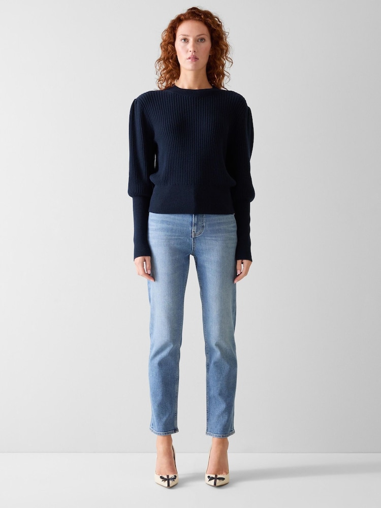 LK Bennett Navy Blue Natty Wool Puff Sleeve Jumper - Image 1 of 3
