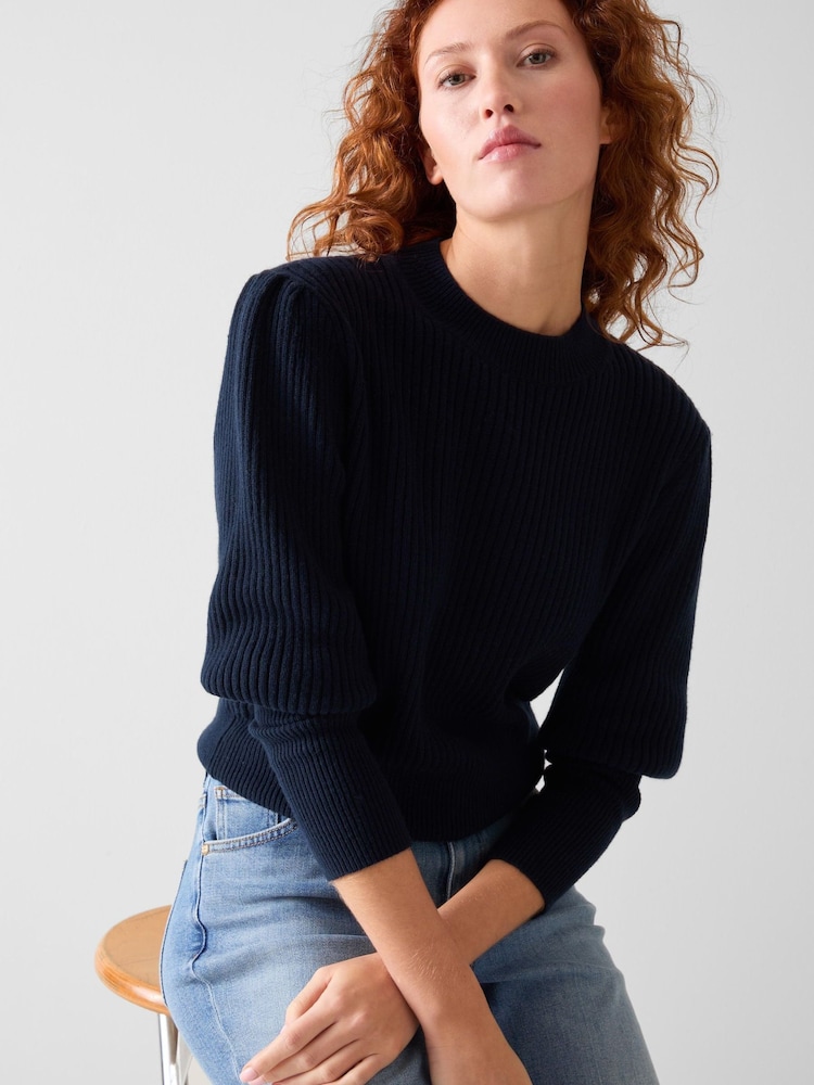 LK Bennett Navy Blue Natty Wool Puff Sleeve Jumper - Image 3 of 3
