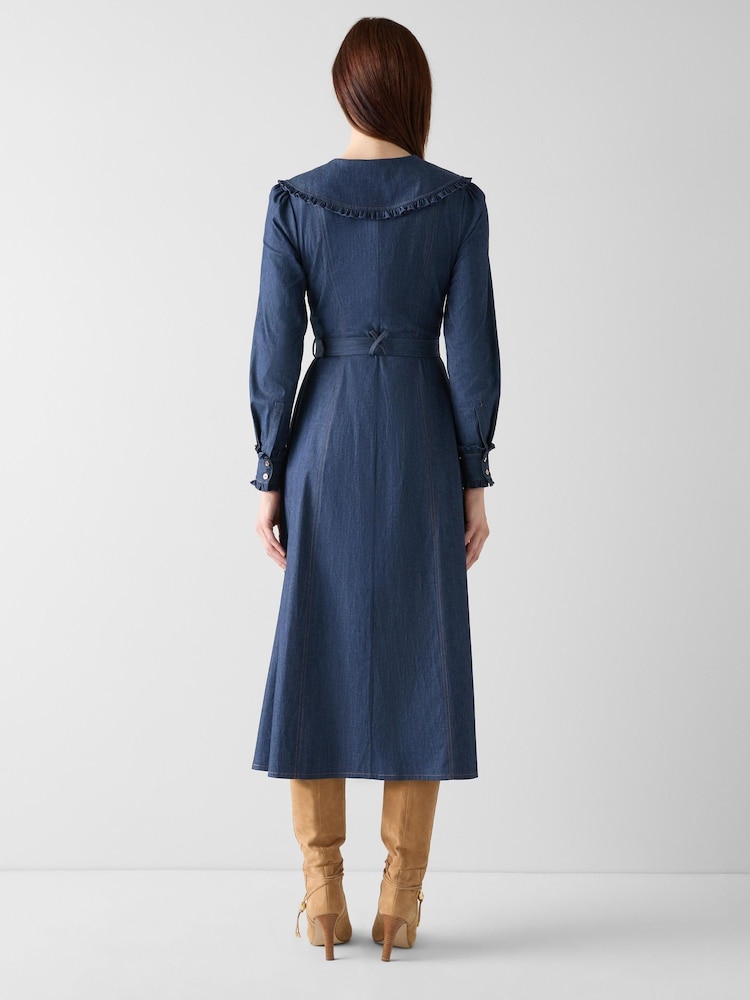 LK Bennett Blue Pippa Cotton Soft Denim Frill Dress - Image 2 of 3 LK Bennett Blue Pippa Cotton Soft Denim Frill Dress - Image 2 of 3