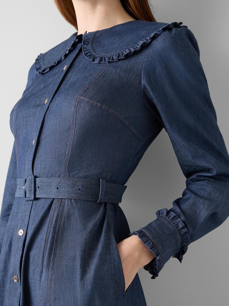 LK Bennett Blue Pippa Cotton Soft Denim Frill Dress - Image 3 of 3 LK Bennett Blue Pippa Cotton Soft Denim Frill Dress - Image 3 of 3