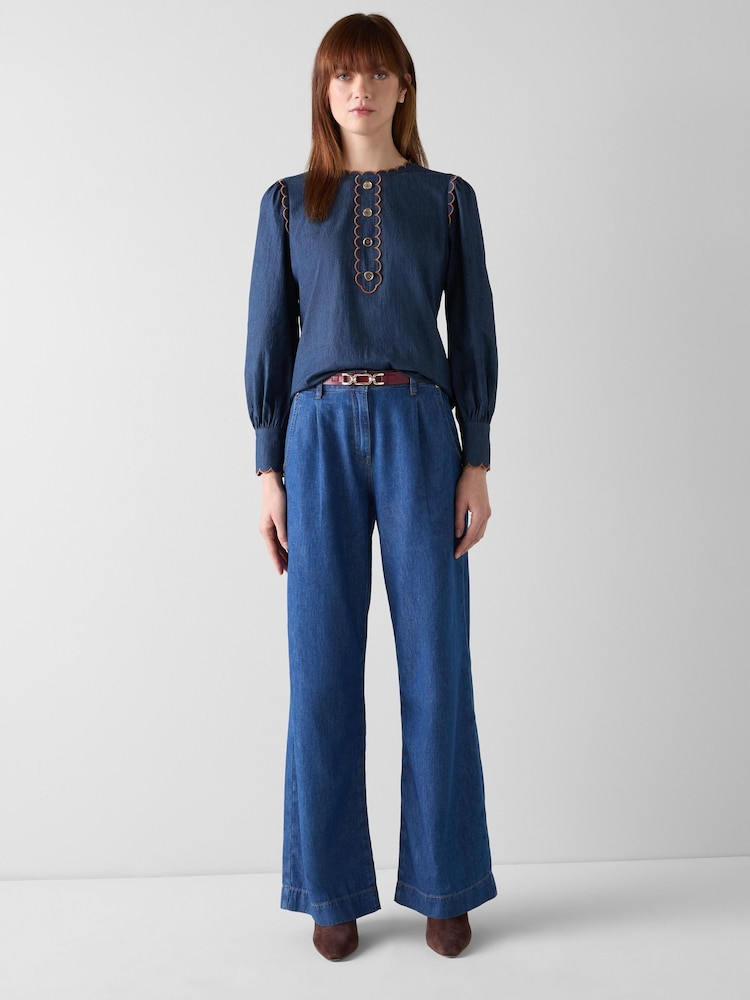 LK Bennett Midnight Blue Jenny Scallop Plackett Blouse Toffee - Image 1 of 3