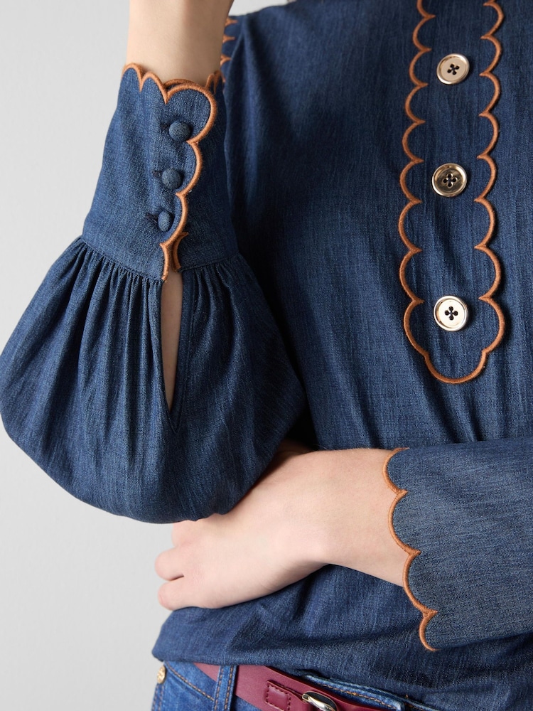 LK Bennett Midnight Blue Jenny Scallop Plackett Blouse Toffee - Image 3 of 3