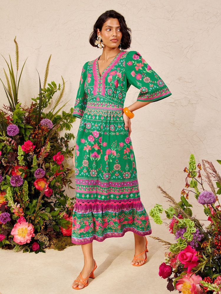 Love & Roses Bright Green Woodblock Petite Ric Rac Detail Midi Dress - Image 1 of 5