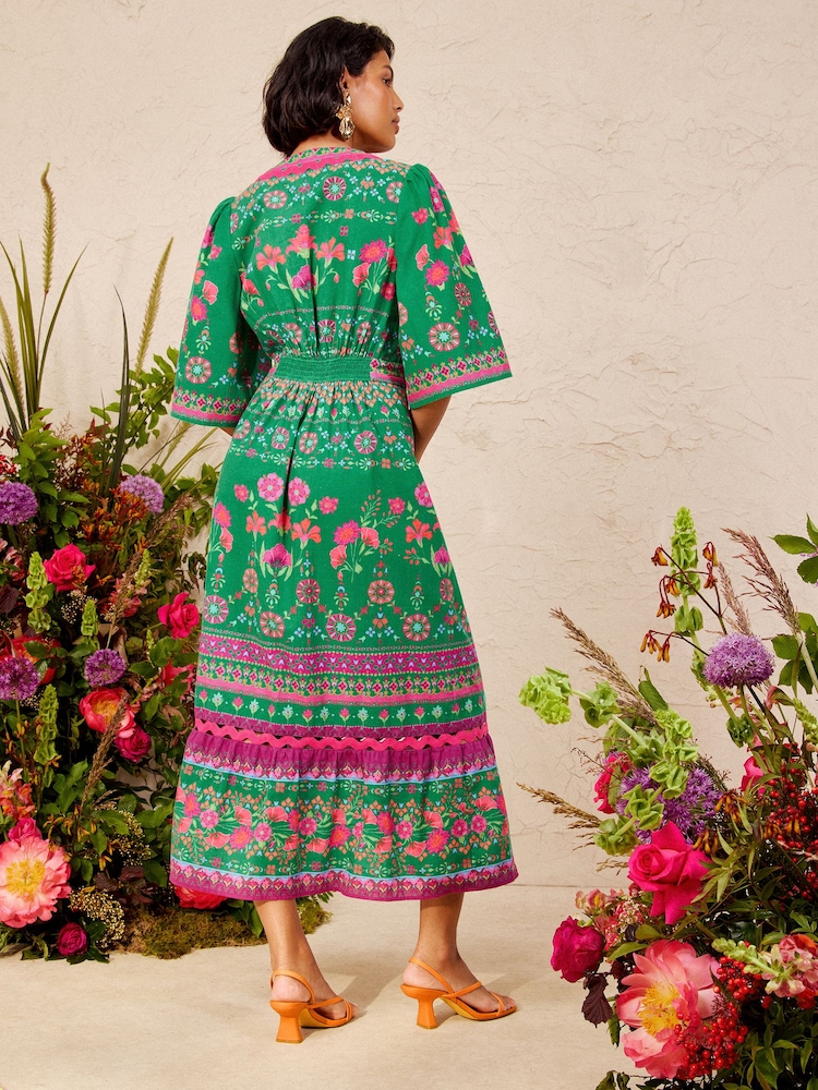 Love & Roses Bright Green Woodblock Petite Ric Rac Detail Midi Dress - Image 5 of 5