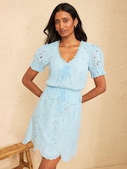 Love & Roses Pale Blue Petite Broderie Frill Detail Tie Mini Dress - Image 1 of 5