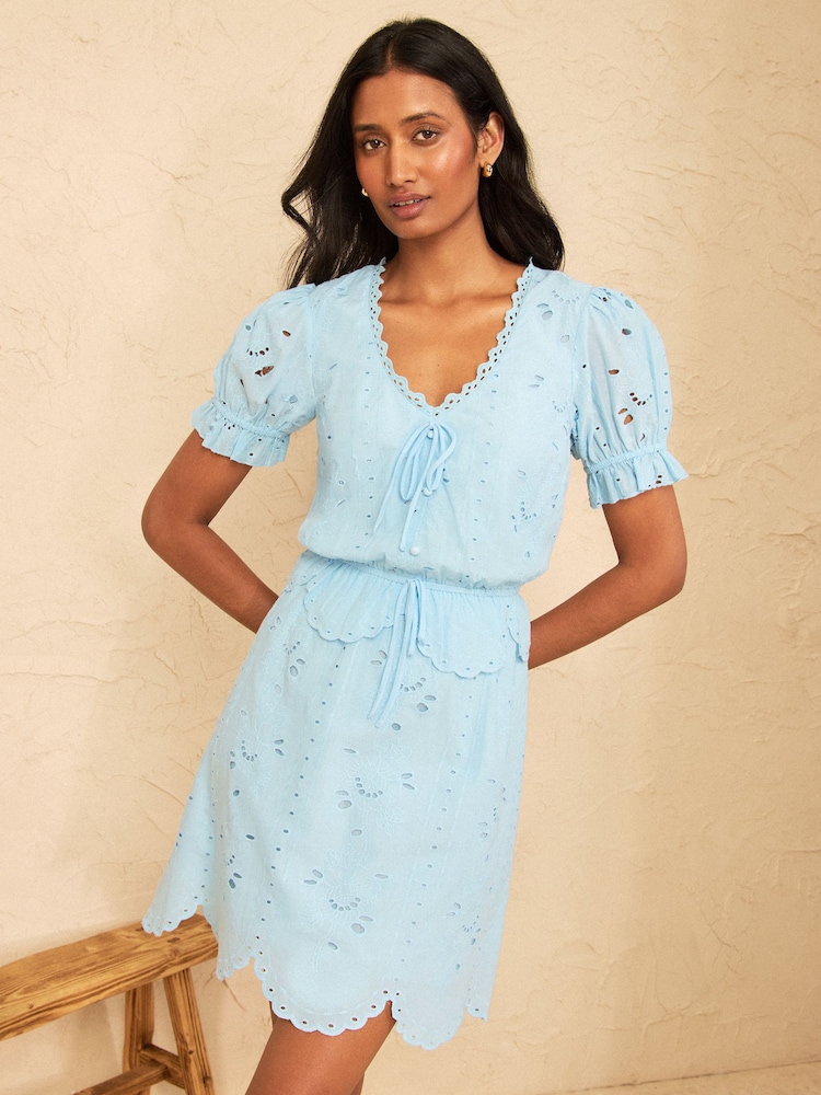 Love & Roses Pale Blue Petite Broderie Frill Detail Tie Mini Dress - Image 1 of 5