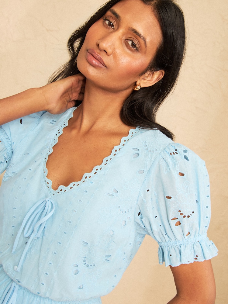 Love & Roses Pale Blue Petite Broderie Frill Detail Tie Mini Dress - Image 2 of 5
