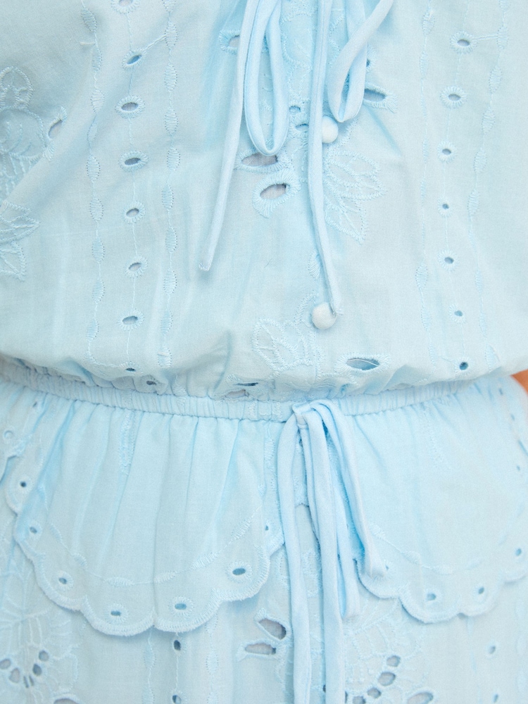 Love & Roses Pale Blue Petite Broderie Frill Detail Tie Mini Dress - Image 5 of 5