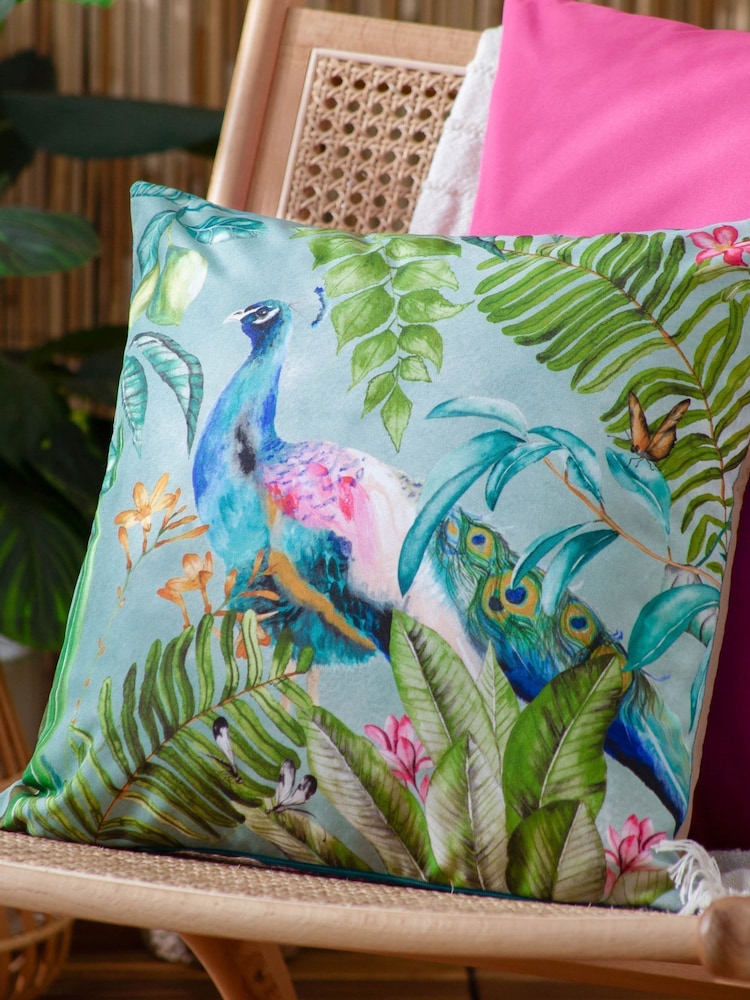 Evans Lichfield Blue Peacock Outdoor Cushion - Image 1 of 4 Evans Lichfield Blue Peacock Outdoor Cushion - Image 1 of 4