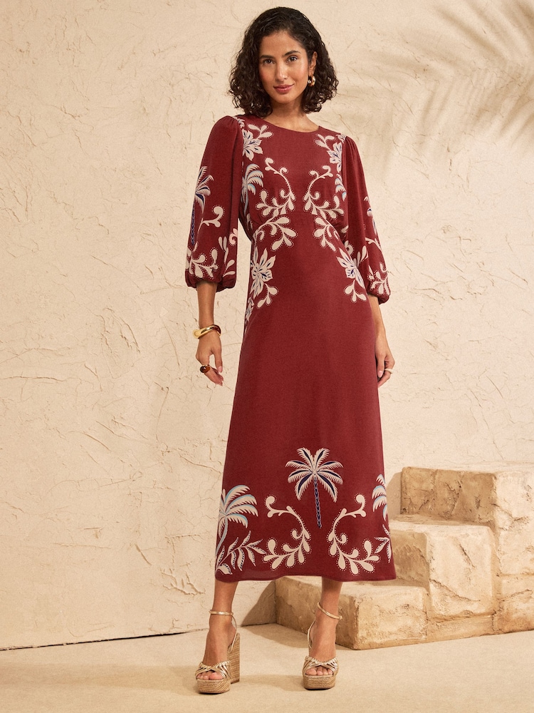 Love & Roses Rust Brown Petite Woodblock Balloon Sleeve Midi Dress - Image 1 of 5