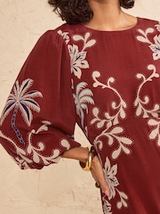 Love & Roses Rust Brown Petite Woodblock Balloon Sleeve Midi Dress - Image 2 of 5