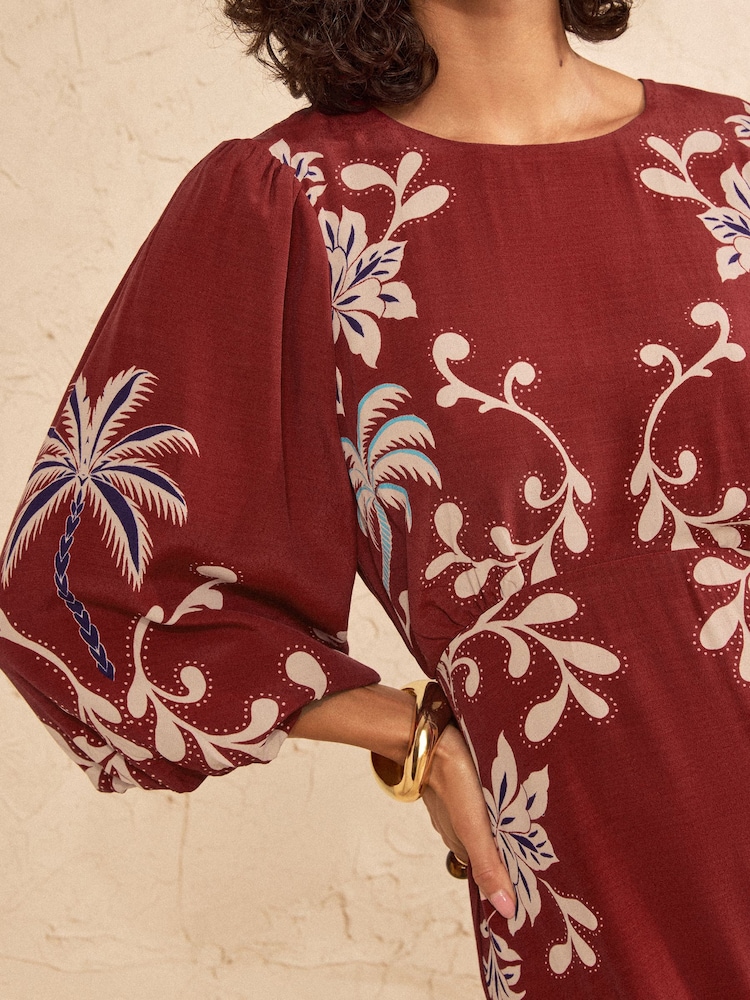Love & Roses Rust Brown Petite Woodblock Balloon Sleeve Midi Dress - Image 2 of 5
