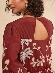 Love & Roses Rust Brown Petite Woodblock Balloon Sleeve Midi Dress - Image 4 of 5