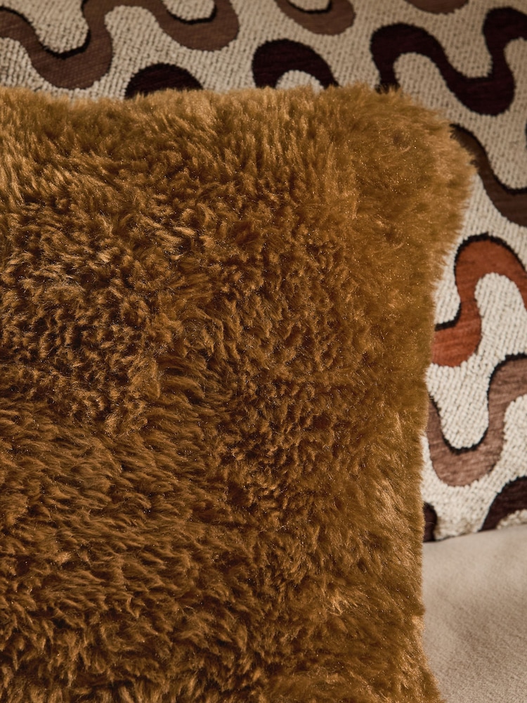 Caramel Brown Faux Fur 50 x 50cm Shearling Cushion - Image 2 of 4 Caramel Brown Faux Fur 50 x 50cm Shearling Cushion - Image 2 of 4