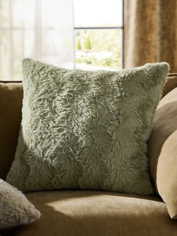 Sage Green 59 x 59cm Faux Fur Cosy Swirl Cushion - Image 1 of 5