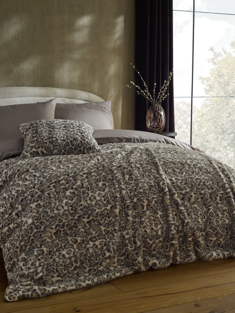 Brown Faux Fur Leopard Print Swirl Throw - Image 1 of 7