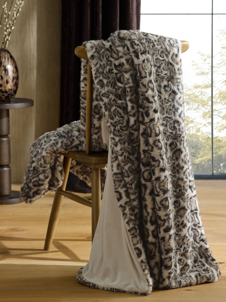 Brown Faux Fur Leopard Print Swirl Throw - Image 2 of 7