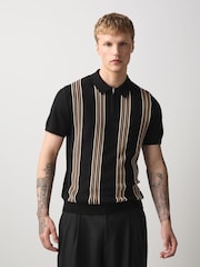 Black Stripe Knitted Zip Neck Short Sleeve Polo Shirt - Image 1 of 10