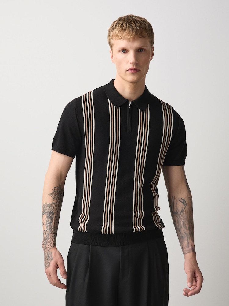 Black Stripe Knitted Zip Neck Short Sleeve Polo Shirt - Image 1 of 10