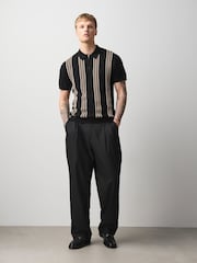Black Stripe Knitted Zip Neck Short Sleeve Polo Shirt - Image 2 of 10