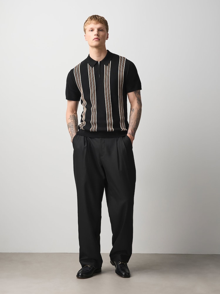 Black Stripe Knitted Zip Neck Short Sleeve Polo Shirt - Image 2 of 10