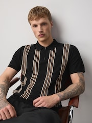 Black Stripe Knitted Zip Neck Short Sleeve Polo Shirt - Image 3 of 10