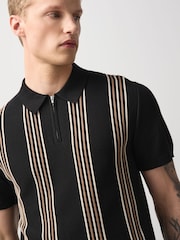 Black Stripe Knitted Zip Neck Short Sleeve Polo Shirt - Image 5 of 10