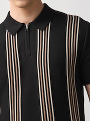 Black Stripe Knitted Zip Neck Short Sleeve Polo Shirt - Image 6 of 10