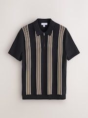 Black Stripe Knitted Zip Neck Short Sleeve Polo Shirt - Image 7 of 10