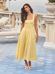 Lipsy Yellow Strappy Scoop Neck Waisted Full Skirt Midi Dress - Image 1 of 4