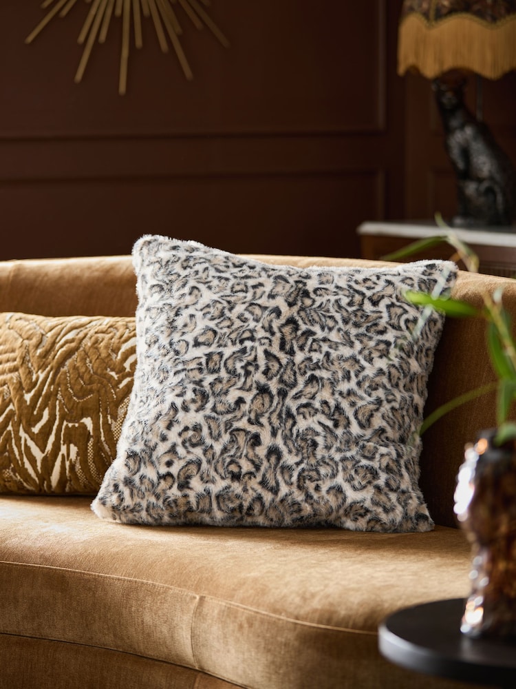Brown Faux Fur Leopard Print Swirl Cushion - Image 1 of 4
